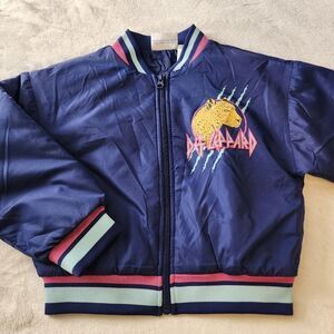Def Leppard Graphic Bomber Jacket In Navy Blue With Pink And Light Blue